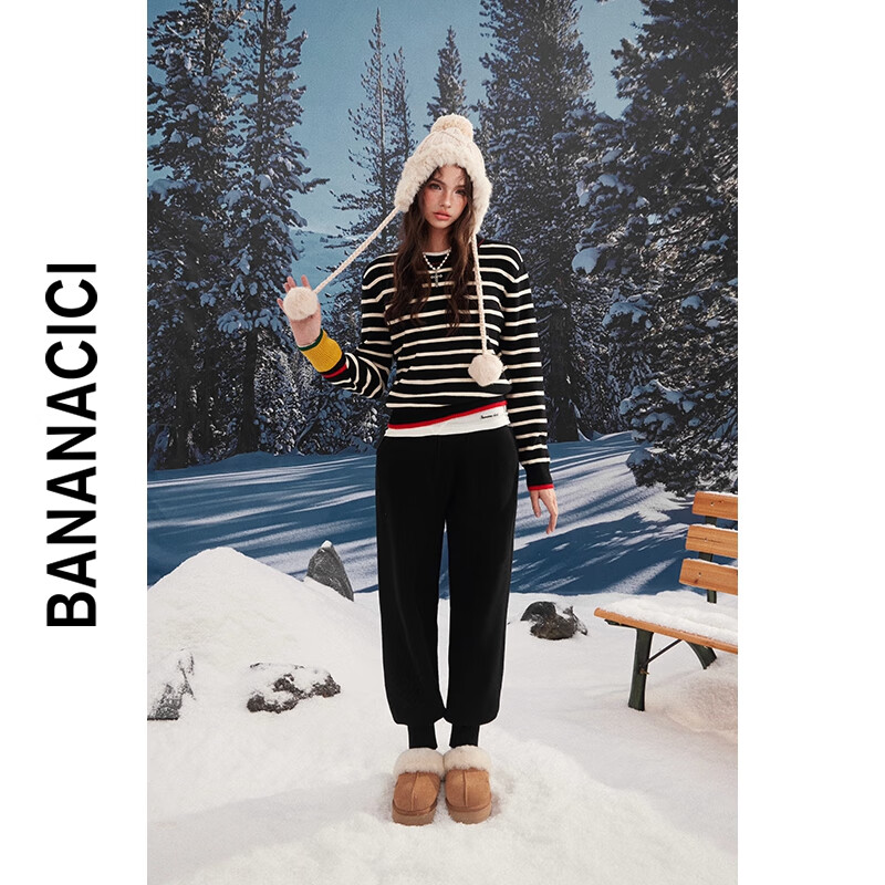 banana cici2024年冬季新款复古时髦重工撞色条纹针织衫圆领毛衣C244MY202 黑色 L