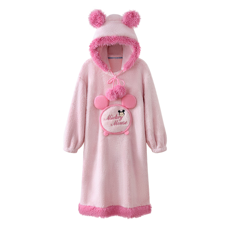 静韵【超柔软】迪士尼米奇睡裙女款冬季珊瑚绒连帽家居服保暖睡衣