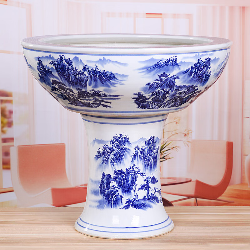 瑾邵景德镇陶瓷器立式分体落地特大鱼缸/水族箱乌龟盆青花图开放式