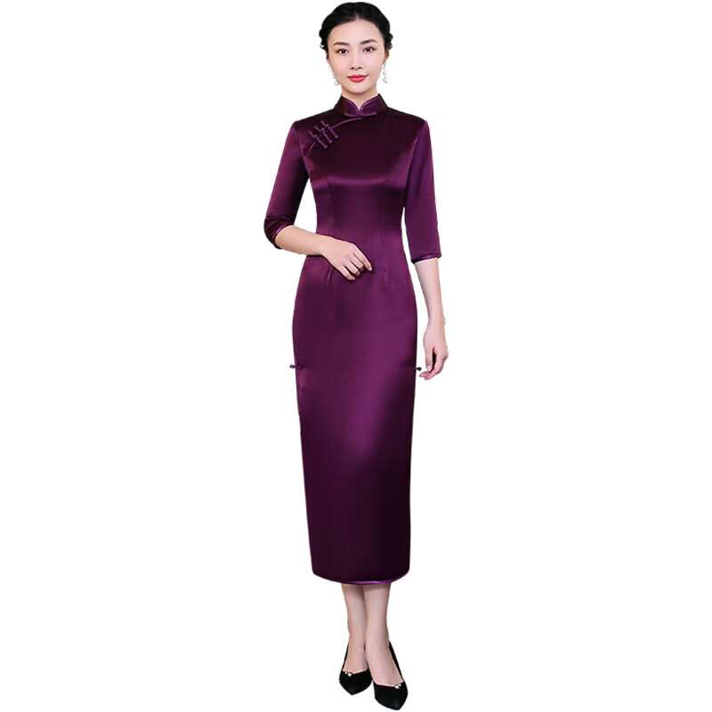 玫芙娜旗袍礼服中国风时尚紫色妈妈装旗袍婚庆婚宴旗袍连衣裙秋冬长款 紫色 L怎么看?