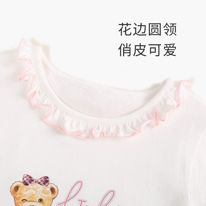 Classic Teddy女童T恤童装儿童长袖上衣中小童花边领打底衫宝宝外出服 甜心熊A白色 130