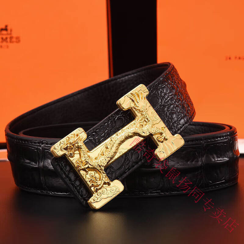 酷奇袋鼠男士皮带真牛皮时尚百搭H铜扣工字扣真皮休闲青中年腰带男 H黑色+银扣 3.8宽 105cm