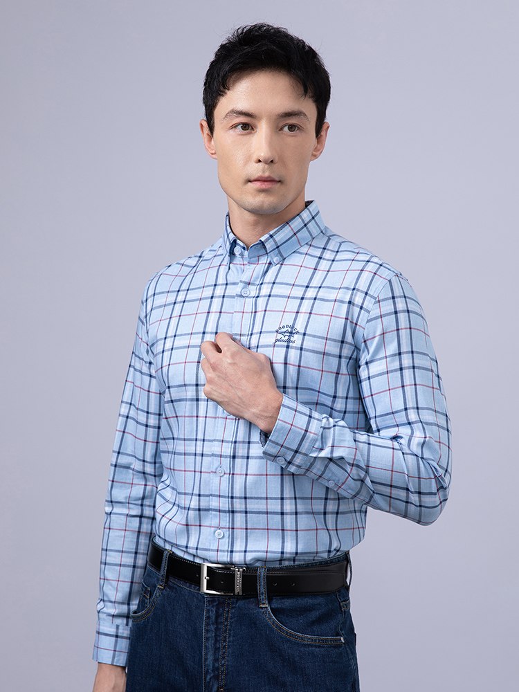 德鲨高级混纺格纹商务衬衫通勤上班休闲上衣男士长袖衬衣 粉蓝色 l/50