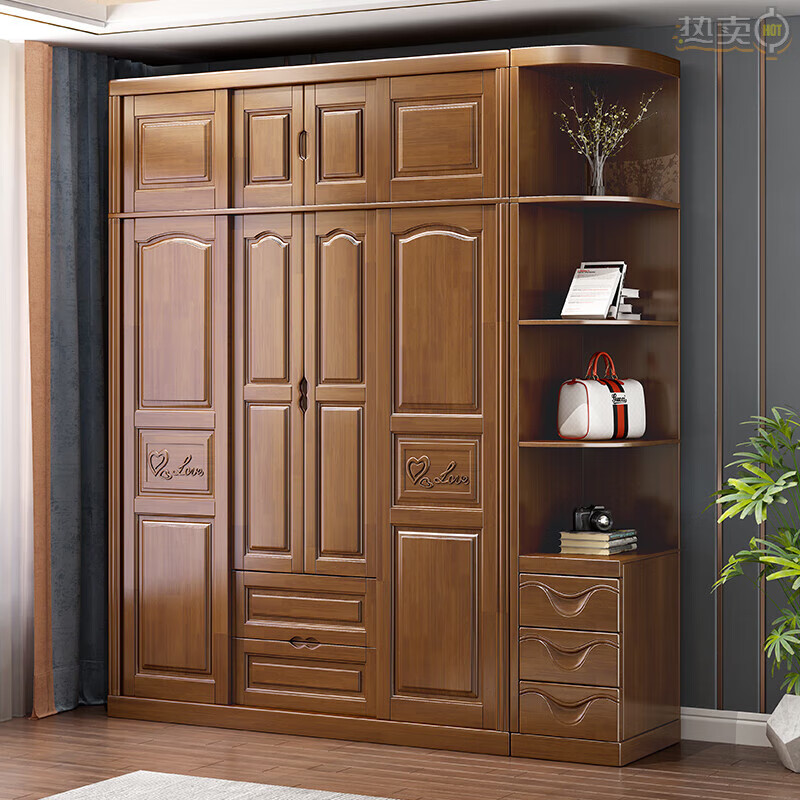 现代中式四门推拉滑移门衣柜简约家用卧室木质储物大 海棠色四门衣柜
