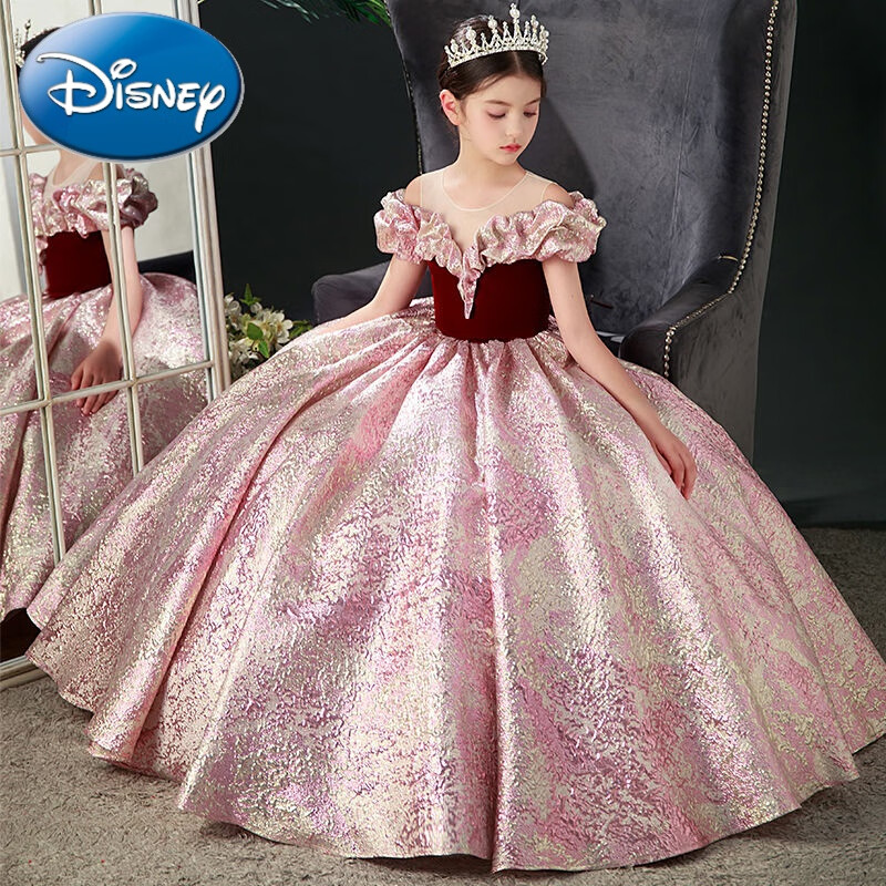 迪士尼（Disney）2023新款儿童主持人礼服女走秀生日钢琴表演公主裙女童公主裙礼服 酒红色 110预售两天