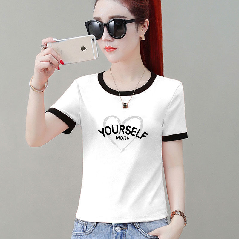 t恤女士高腰2022年新款夏季丅恤短款配阔腿裤上衣服 白色【y-灰爱心】