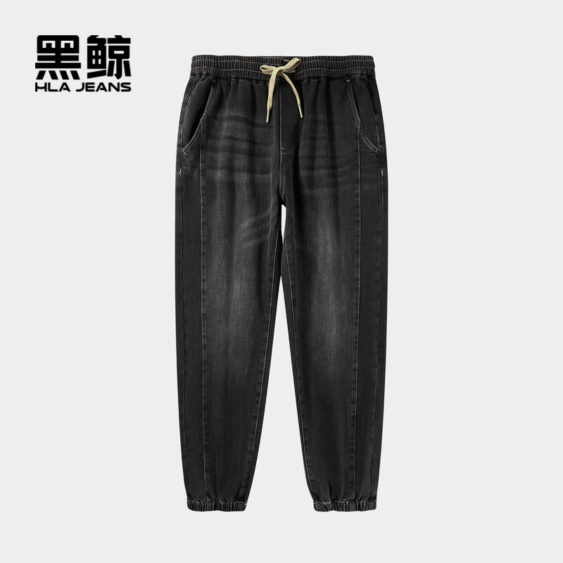黑鲸（HLAJEANS）海澜之家旗下腰间抽绳牛仔裤男秋季束脚裤男裤子男商场同款 深灰18 M
