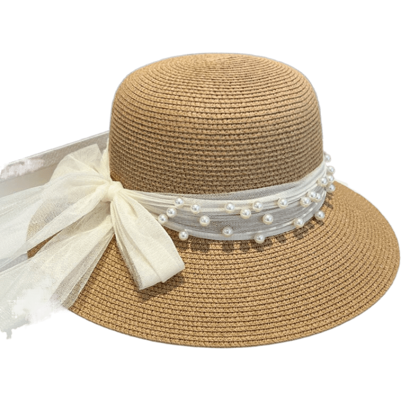 Fangchi夏季優(yōu)雅珍珠網(wǎng)紗遮陽(yáng)草帽女蝴蝶結法式防曬帽海邊漁夫帽盆帽 趴沿卡其 M(56-58cm)