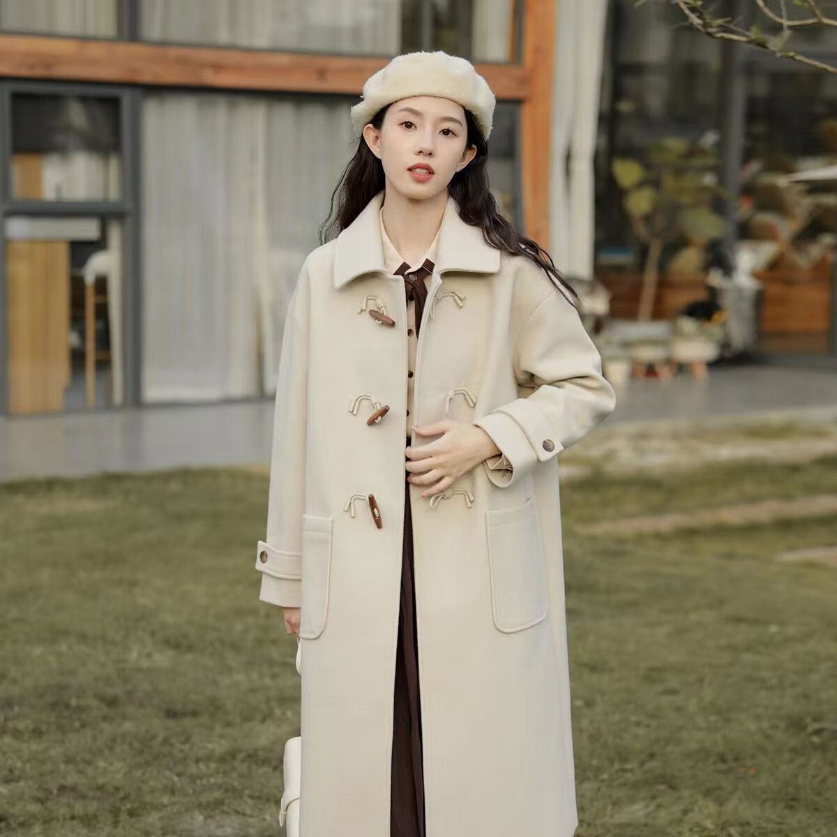 大衣女小个子呢子外套女中长加1厚牛角扣大衣款2023年冬季新 2115米色