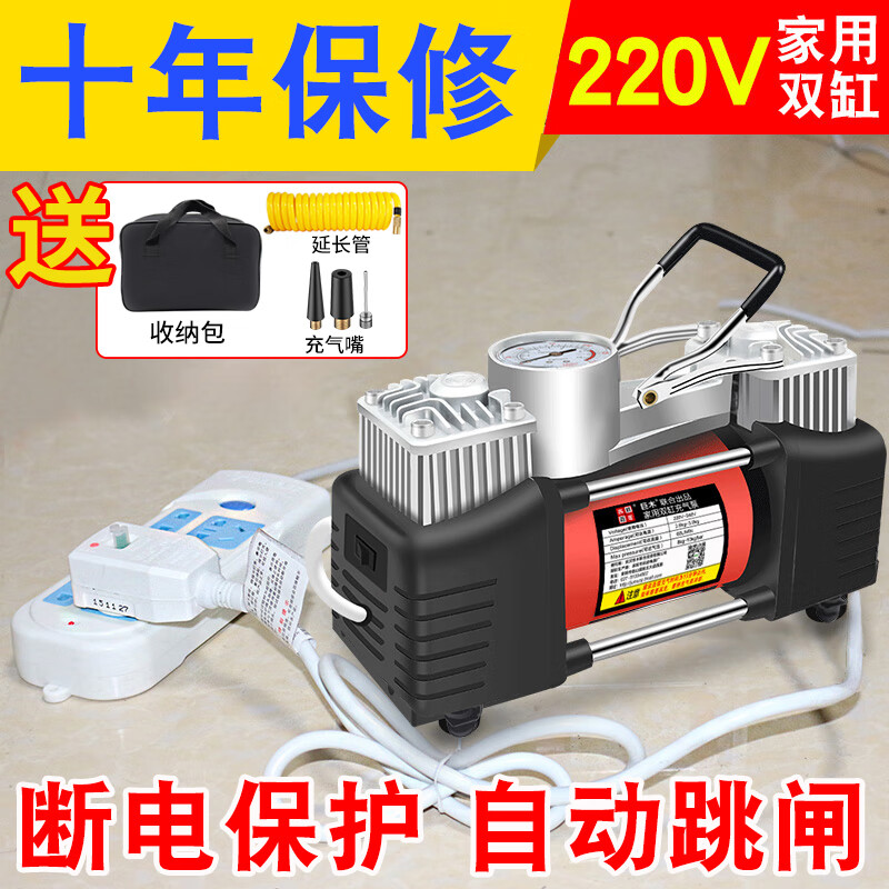 大功率小轿车用轮胎加气冲气泵 220v家用双缸充气泵 延长管 手提包