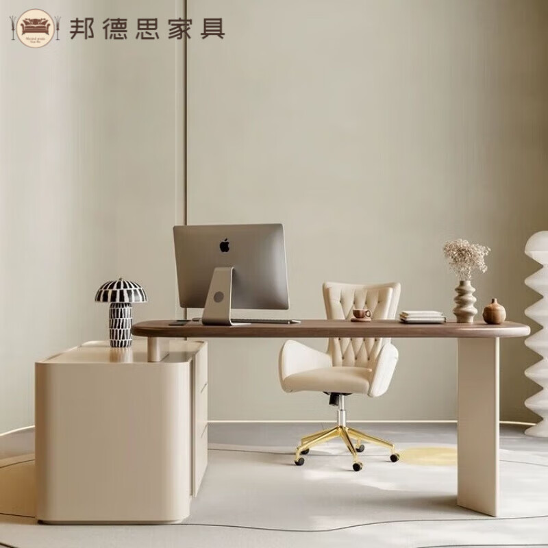法式奶油风书桌椅组合中古胡桃实木带柜电脑办公桌医美咨询桌轻奢 单