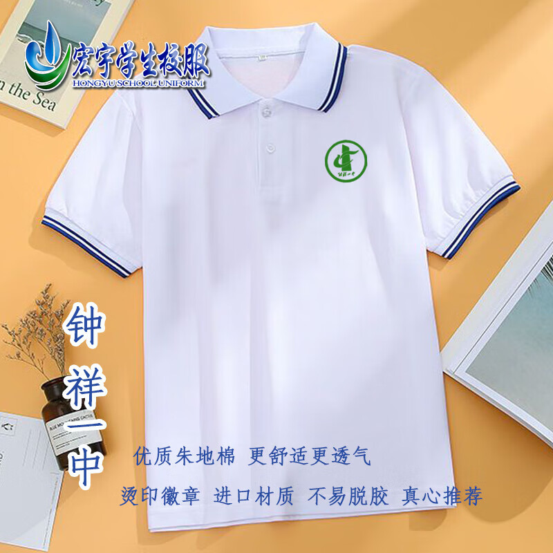 莺舞韵湖北荆门市钟祥一中校服蓝杠短袖中学生夏季男女polo衫校园团体