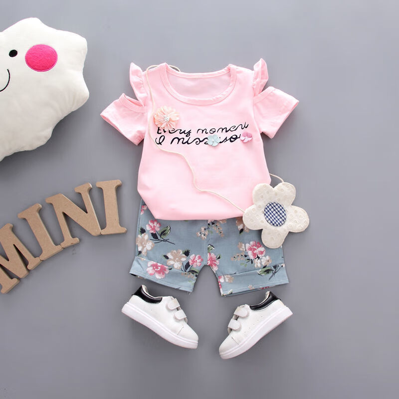 2019新款儿童装女宝宝短袖两件套0-3岁婴儿衣服女孩 粉色三小花短套