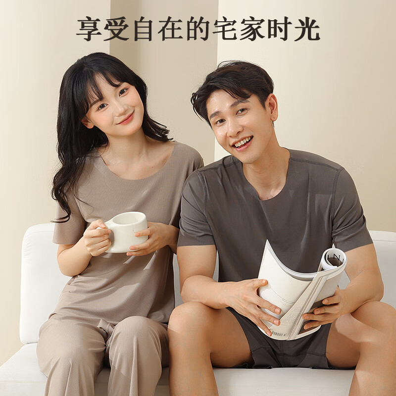 燠阳情侣睡衣女士圆领短袖睡裤套装夏天短裤男薄款无痕冰丝家居服 雾霾蓝 3XL 女款【130-145斤】