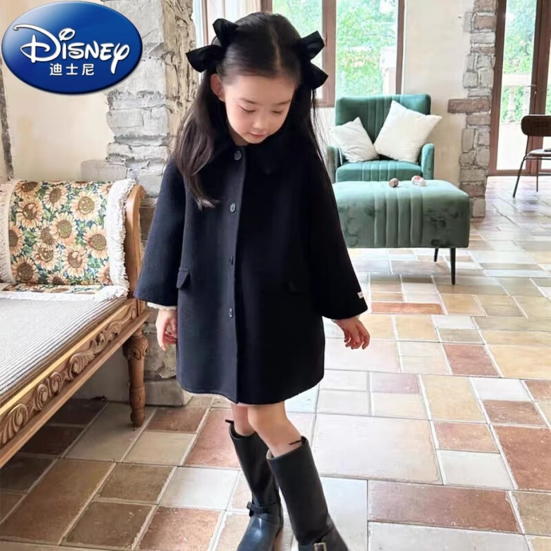 迪士尼（Disney）兒童春秋款女童雙面羊絨呢大衣小童秋裝羊毛韓版毛呢外套 黑色 120