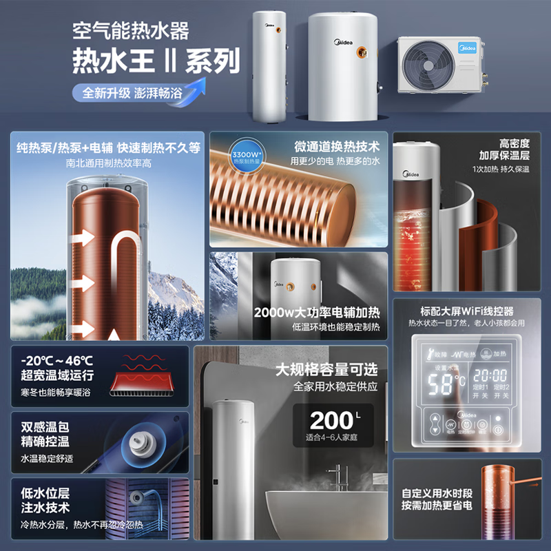 美的（Midea）空气能热水器 热水王升级款200L wifi智能蓝钻内胆持久保温 节能省电全屋畅快洗 200L 带电辅