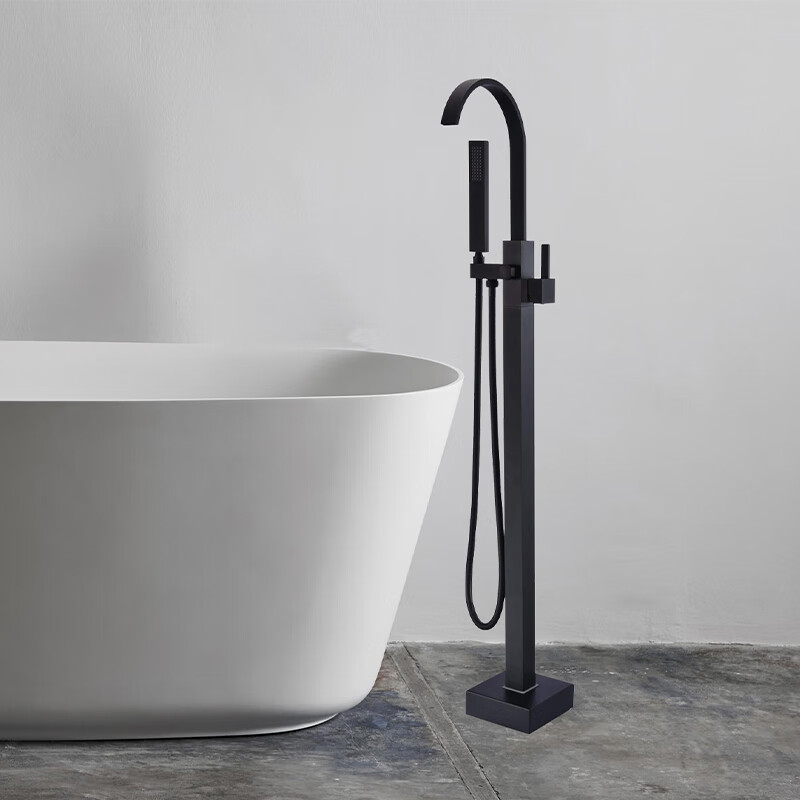 壮钢全铜黑色立式落地式浴缸冷热水龙头木桶酒店家用独立淋浴花洒套装