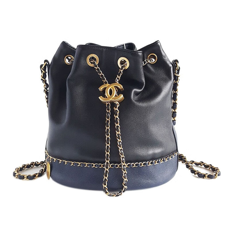 名奢汇【二手95新】香奈儿 chanel 女士蓝黑拼色水桶包单肩斜挎包二手