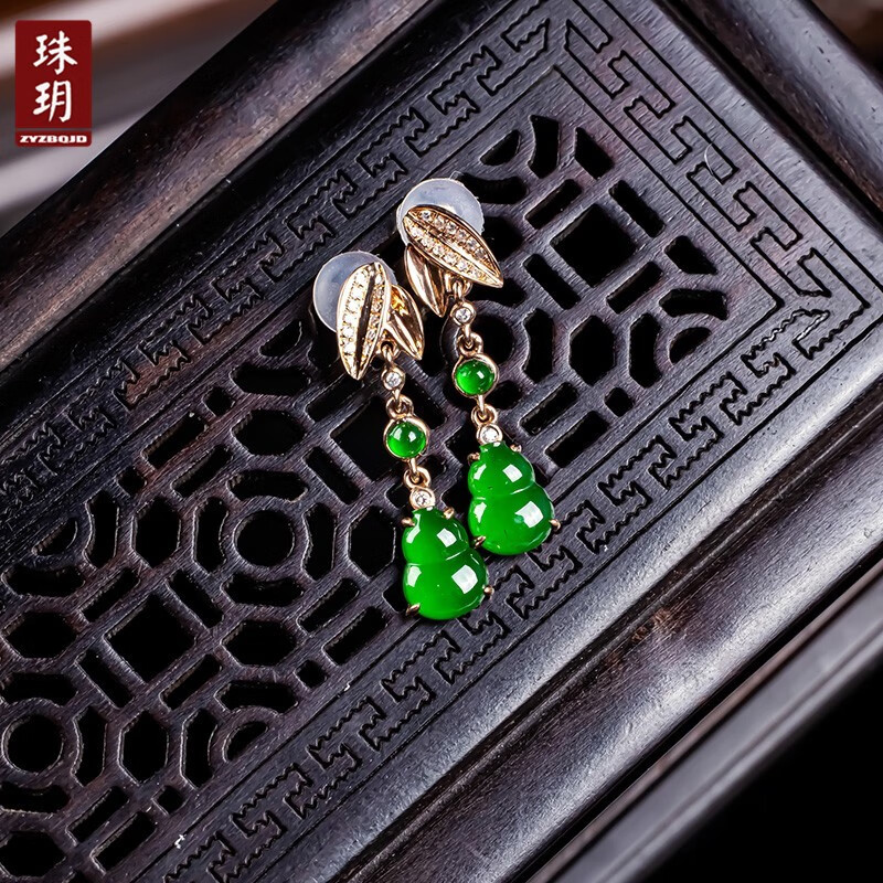 珠玥(zhuyue)翡翠a货冰种满绿色女款18k金镶嵌葫芦耳坠冰绿福禄双全