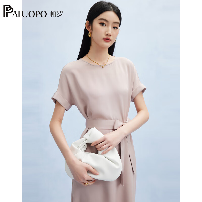 帕罗（PALUOPO）新款22姆米重绉圆领纯色短袖连衣裙重磅真丝高腰销售系带淑女裙子 粉紫 S (155/80A)