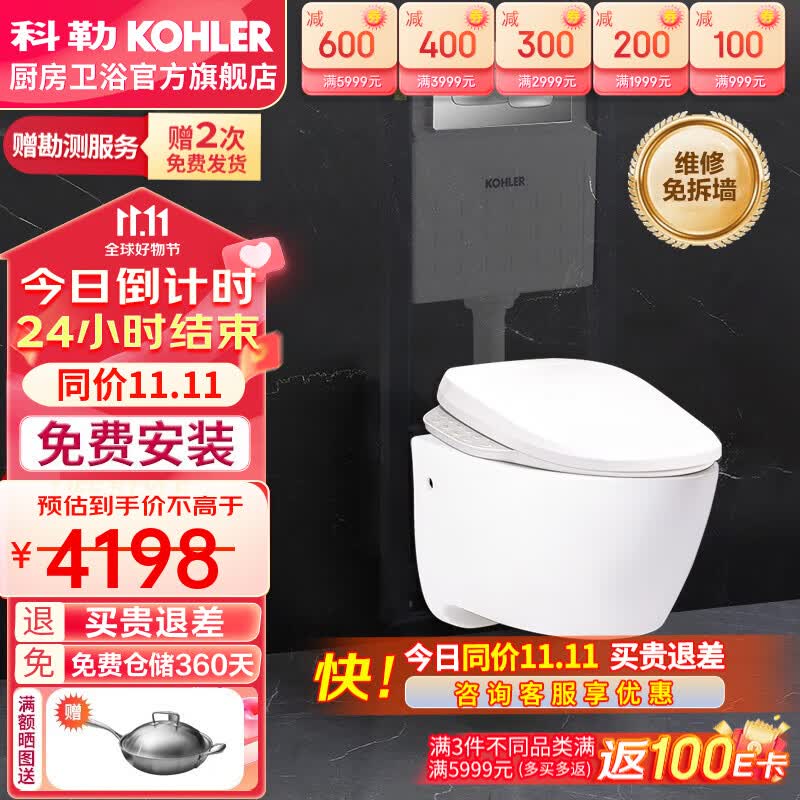 科勒（KOHLER） 智能壁挂式马桶挂墙坐便器水箱嵌入式墙排直冲马桶座便器25255 壁挂智能马桶速热全功能款18649怎么样,好用不?