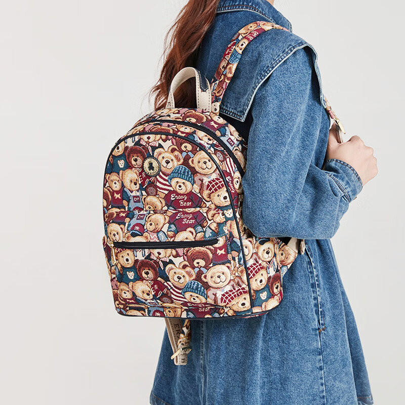 小熊依恋双肩包女2023新款书包女大学生帆布轻便旅行背包网红 群熊