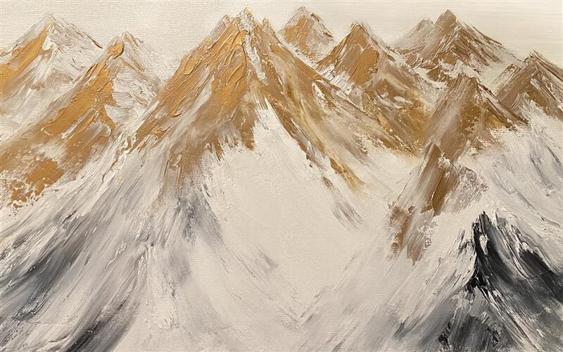 山头林村日照金山挂画装饰画 新中式雪山肌理手绘油画客厅装饰画日照