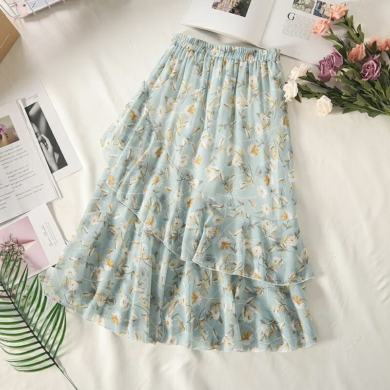 雪纺半身裙中长款女夏季薄款长裙百搭鱼尾不规则遮胯裙子显瘦 淡青色