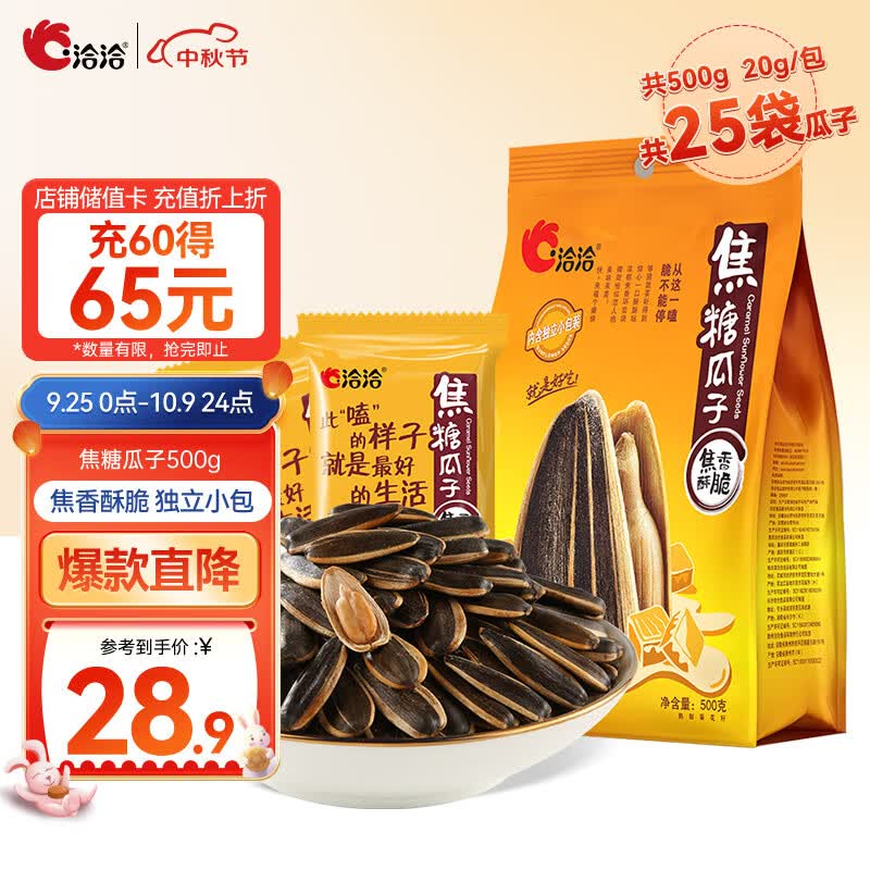 洽洽焦糖瓜子500g炒货内蒙特产葵花籽休闲零食独立小包20g*25包大包装属于什么档次？