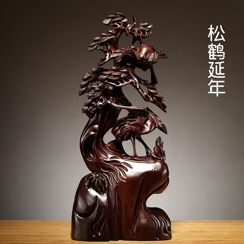 木雕摆件年年有鱼根雕荷花雕刻董事长总经理办公室桌面家居 松鹤延年