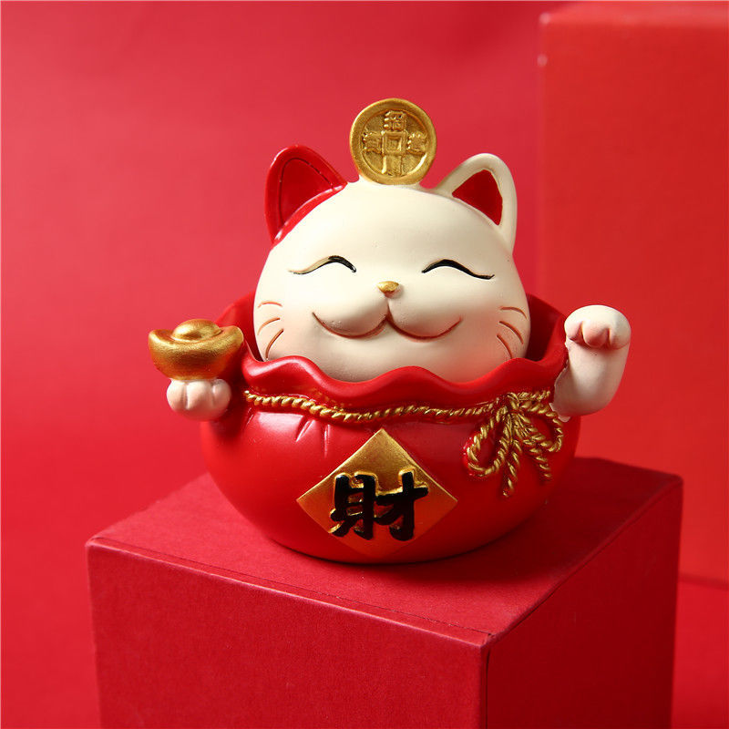 家居摆件工艺品猫家用客厅玄关高档轻奢电视酒柜小装饰品创意 幸运红