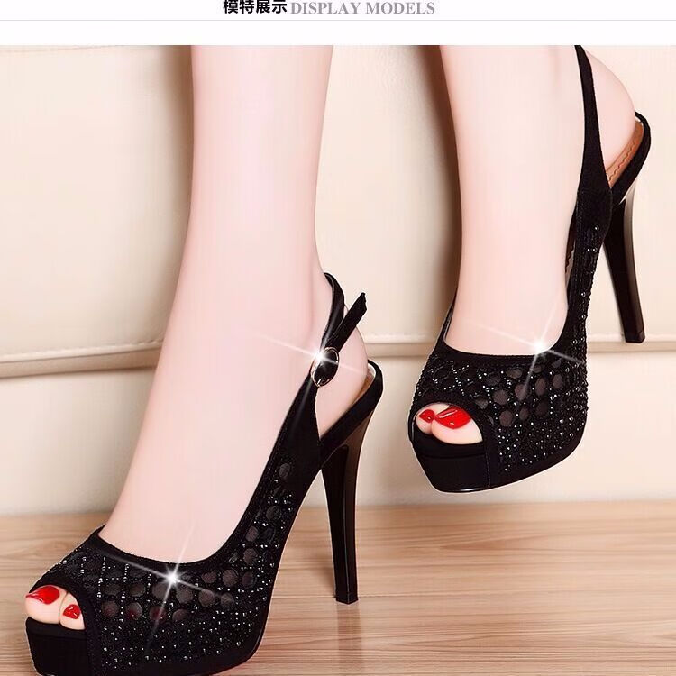 baldauren凉鞋女韩版鱼嘴高跟鞋细跟防水台夏季水钻性感百搭恨天高