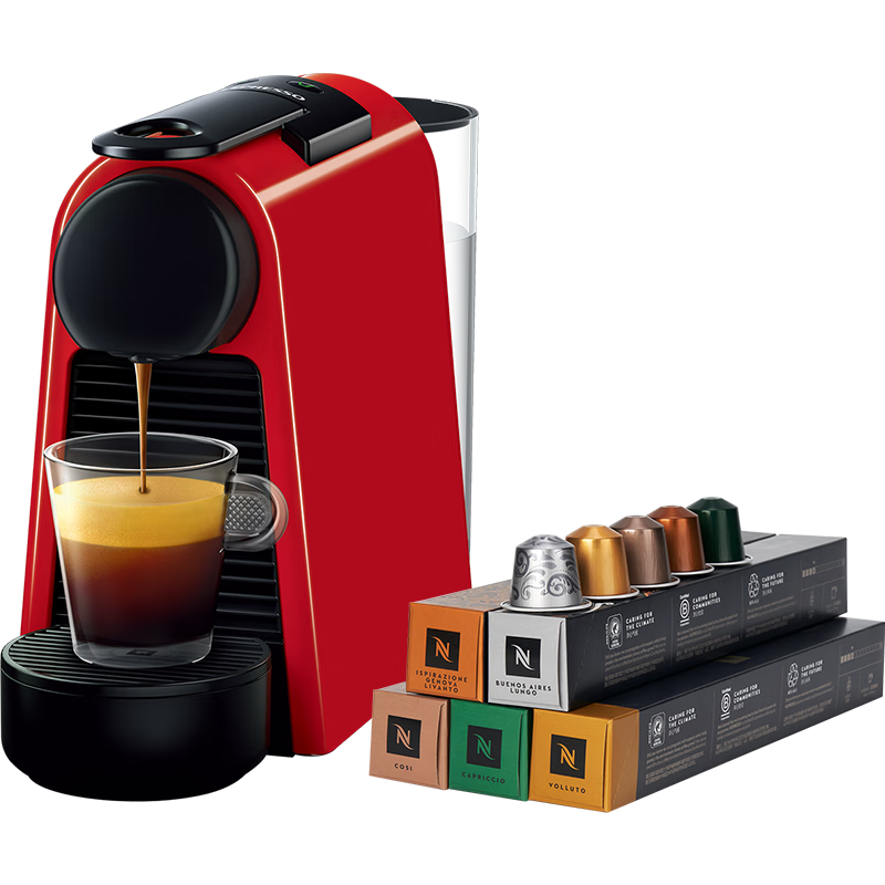 Nespresso 胶囊咖啡机和胶囊咖啡套装 Essenza mini意式全自动家用进口便携咖啡机 D30红色及温和淡雅5条装41253685232