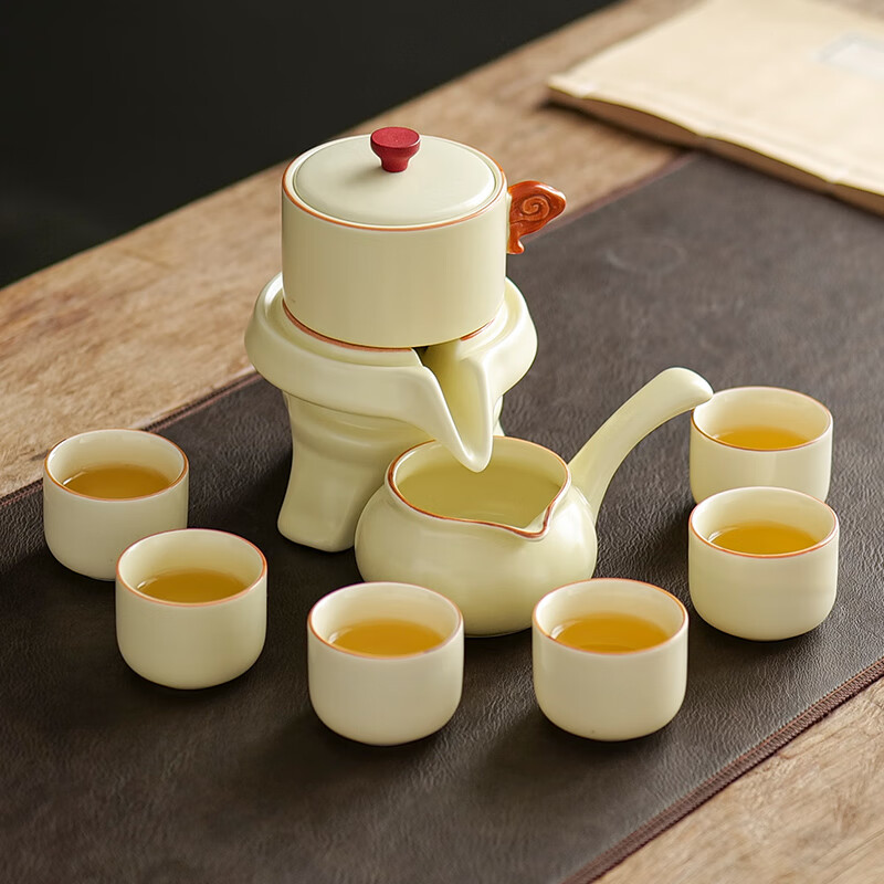 曲和(QUHE)汝窑茶具套装家用石磨泡茶壶陶瓷功夫茶杯懒人半自动冲茶神器全套 米黄汝窑妙茗自动茶具9件套(安全