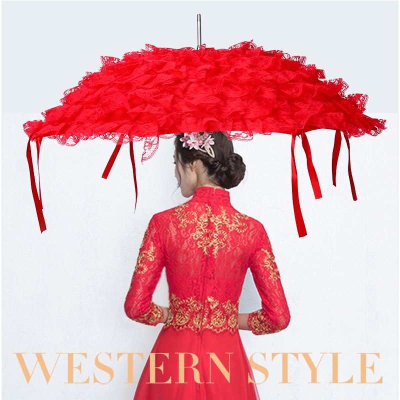 新娘伞红伞婚庆出嫁中式婚礼高档花边复古创意两用弯钩结婚伞heirloom