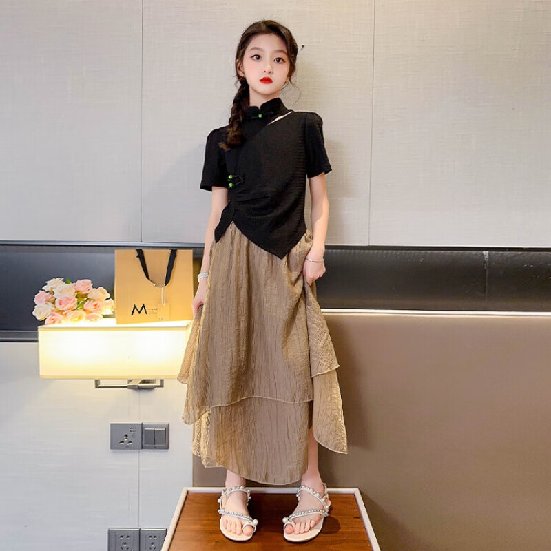 哈熙牛女大童套装女孩衣服9一12岁中国风夏季裙子新中式儿童女装两件