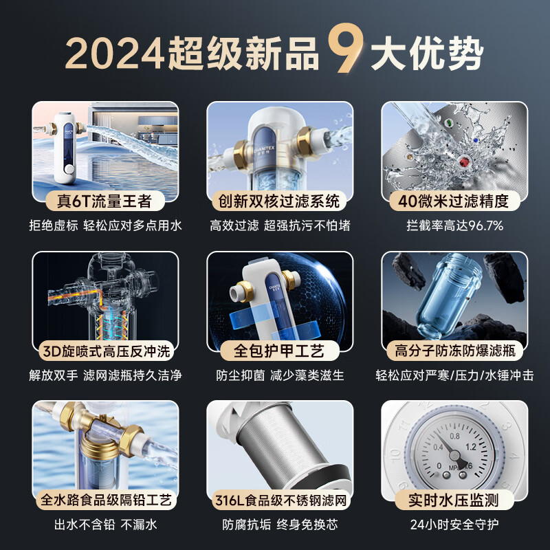 史密斯(A.O.SMITH)【2024重磅上新】佳尼特前置过滤器 自来水过滤家用净水器前置净水器过滤器全屋净水 小海星CPF-T6 6T真实大流量 双核过滤系统 3D旋喷式高压反冲洗