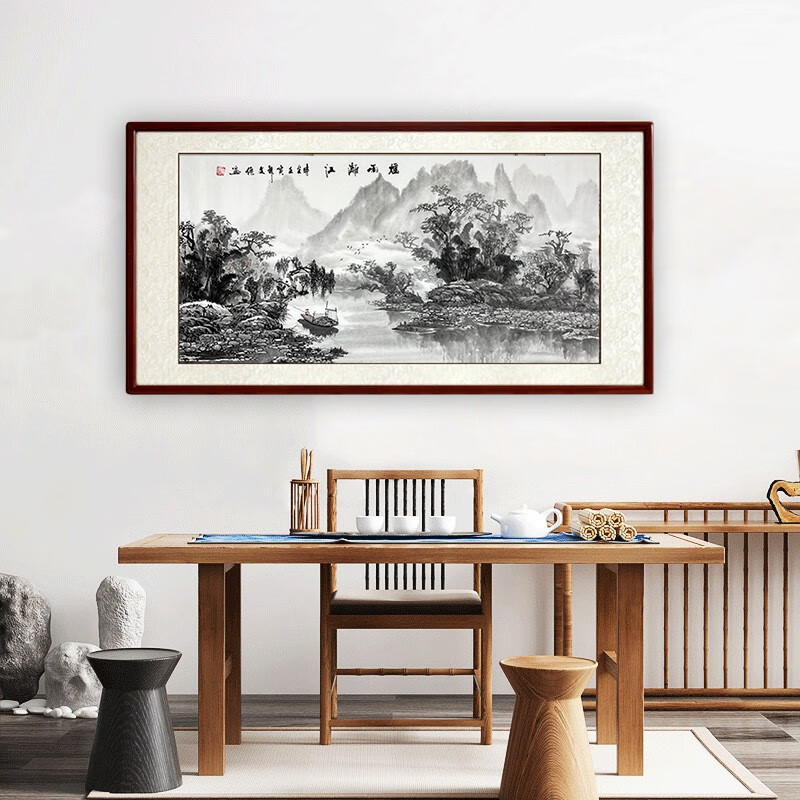 三尺100*50cm纯手绘国画中国山水画水墨画真迹烟雨漓江靠山江南水乡