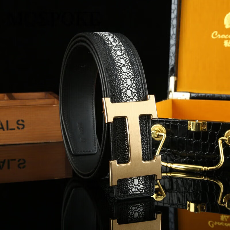 mospoke工字扣珍珠鱼纹皮男士皮带,男士商务腰带 金扣 100cm