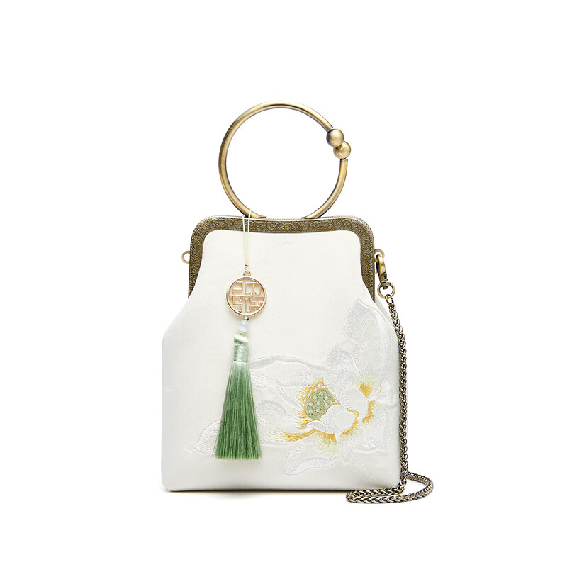 PmSix中国风刺绣女包竖款小包绣花旗袍包复古手拎包链条单肩包放手机包 白色-送礼盒+礼品袋