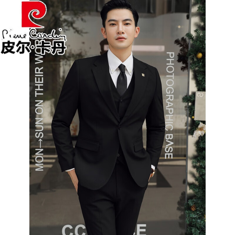 皮尔卡丹（pierre cardin）新郎西服套装男结婚礼服英伦西装三件套黑色韩版修身商务休闲正装 黑色#(西装+马甲+西裤) S