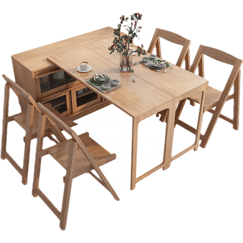 杜裕惟(DUYUWEI)餐边桌日式实木可折叠餐桌子餐边柜一体家用小户型多功能伸缩岛台吧台柜 原木色-折叠餐桌柜+折叠椅子*4