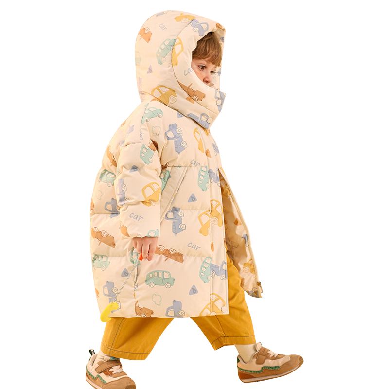 鴨鴨兒童羽絨服中長(cháng)款男童寶寶印花加厚保暖潮流冬季小童裝外套YD 米白色 90