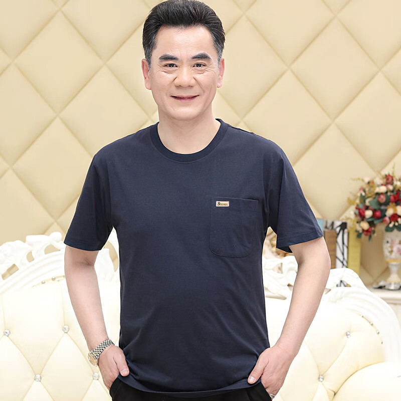 佐名仕(zuomingshi)夏季圆领老头衫中年男士短袖t恤圆领纯色宽松大码