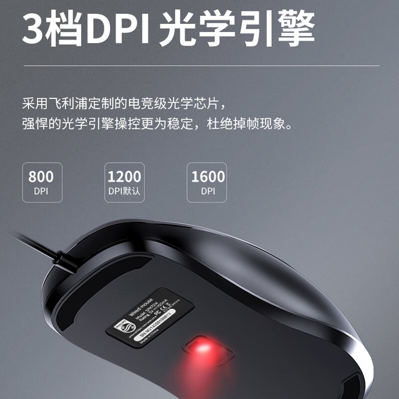 飞利浦(PHILIPS) SPK7214鼠标 有线鼠标 办公鼠标 便携鼠标 人体工程学 笔记本电脑鼠标 黑色