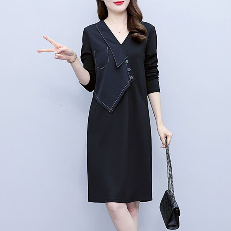 es连衣裙2024春装新款黑色女设计感拼接显瘦中长裙女装长袖裙子 黑色