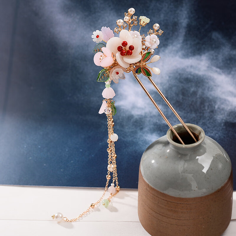 发簪手工复古风汉服头饰旗袍盘发簪子步摇清新花朵长流苏女 清渊发簪