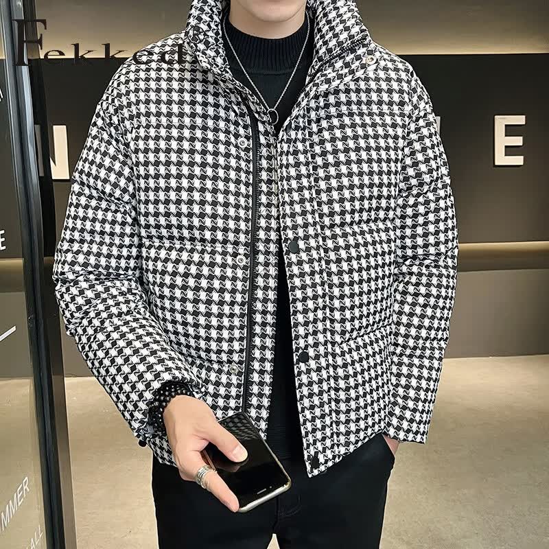 Fekked香港潮牌2024冬季新款男士白鸭绒格子休闲立领保暖外套时尚羽绒服 黑色 M