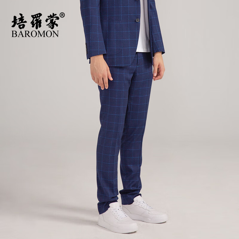 培罗蒙（BAROMON）【轻薄】修身格子西裤男西装裤直筒裤子商务休闲 蓝色格子 38 (97.5cm)