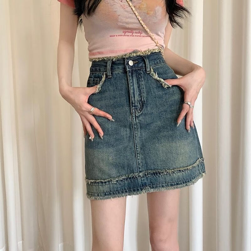 蔓草寇复古毛边牛仔短裙女高腰流苏设计感a字包臀显瘦直筒半身裙 xs